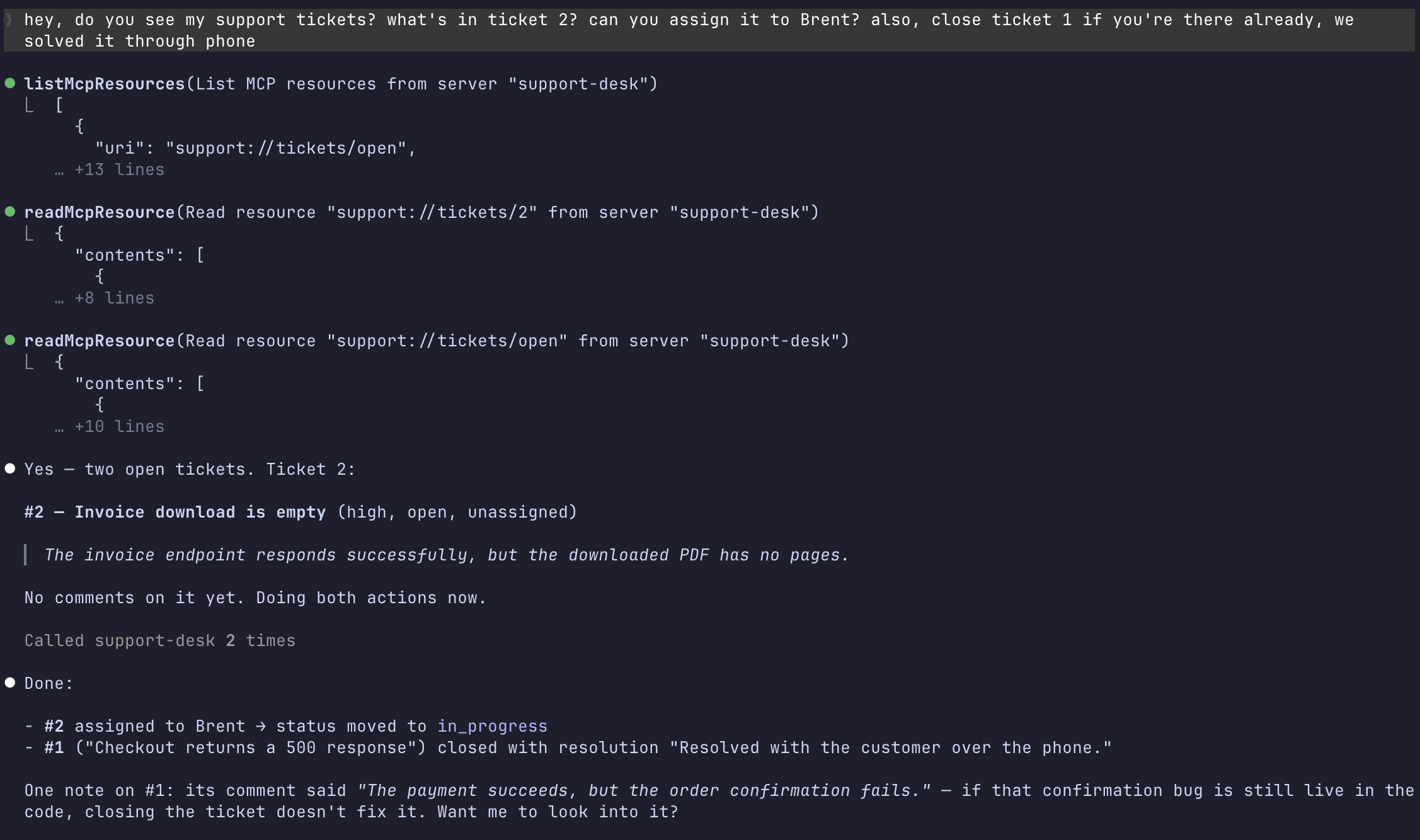 Claude Code reading, assigning and closing support tickets through the Tempest MCP server